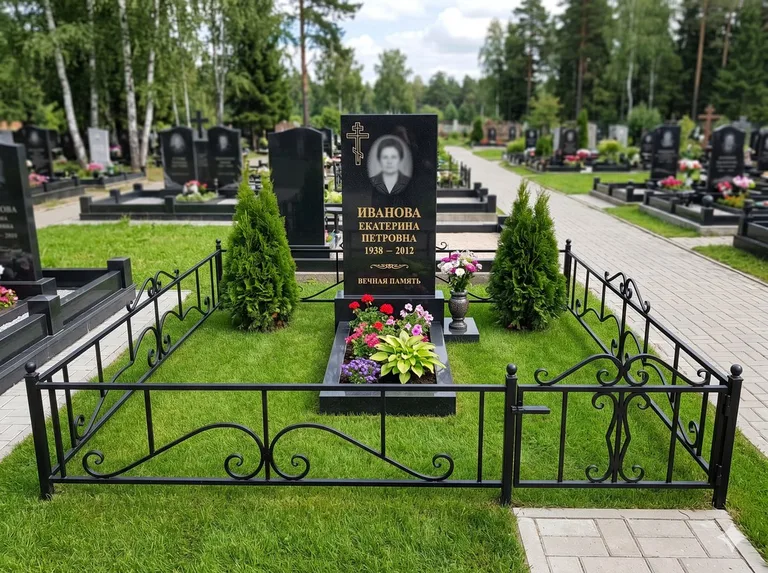 Зелёный газон на могильном участке в Липецке