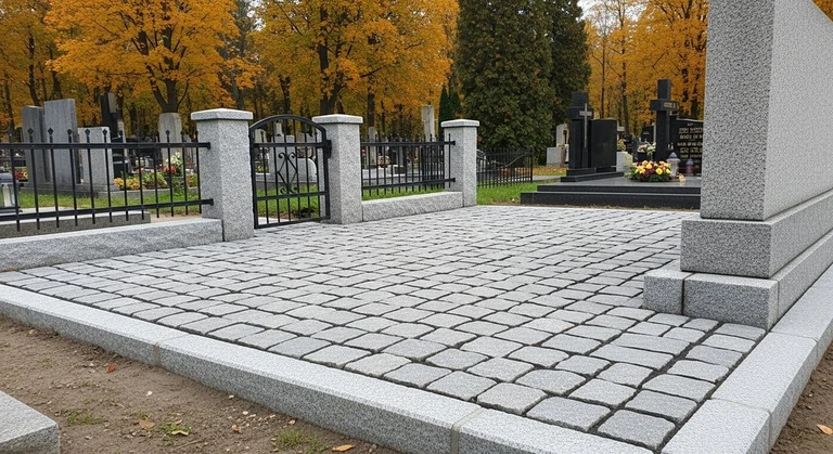 Благоустройство захоронений в Липецке — мощение гранитной плиткой, цоколь и ограда на ухоженном участке