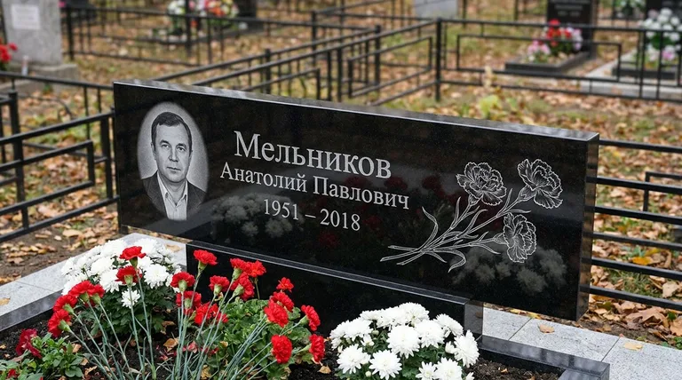 Памятник с гравировкой гвоздик — выполненная работа «Мельников» в Липецке