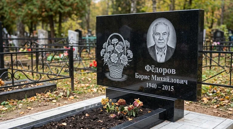 Памятник с гравировкой гвоздик — выполненная работа «Фёдоров» в Липецке