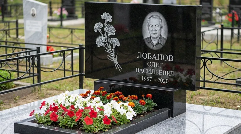 Памятник с гравировкой гвоздик — выполненная работа «Лобанов» в Липецке