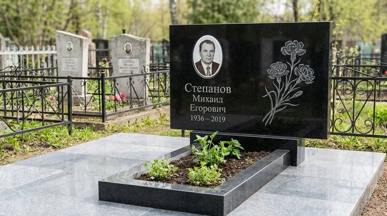 Памятник с гравировкой гвоздик — выполненная работа «Степанов» в Липецке