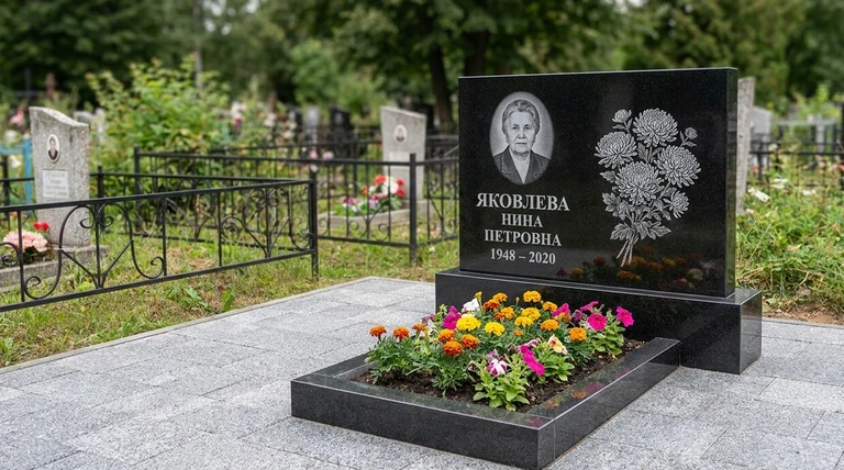 Гравировка хризантем на памятник в Липецке — пример работы на граните