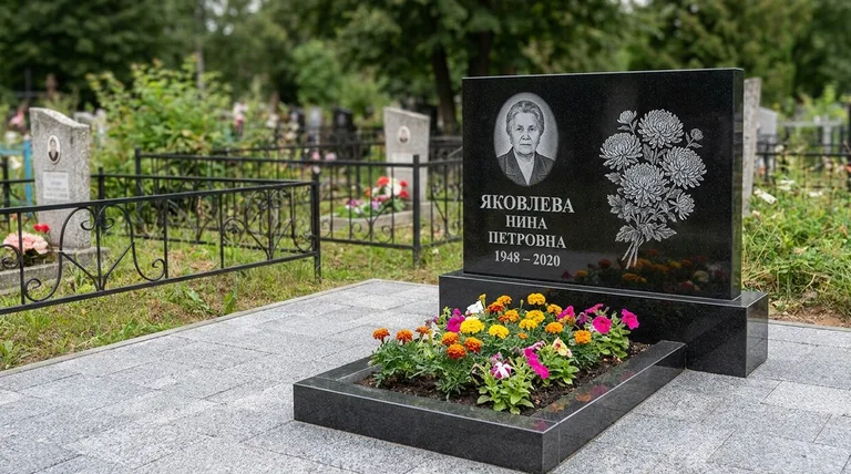 Памятник с гравировкой хризантем — выполненная работа «Соколов» в Липецке