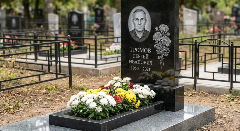 Памятник с гравировкой хризантем — выполненная работа «Громов» в Липецке