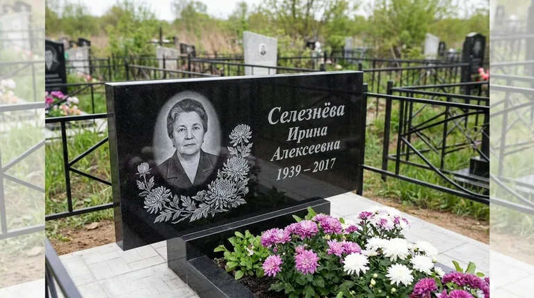 Памятник с гравировкой хризантем — выполненная работа «Селезнёва» в Липецке