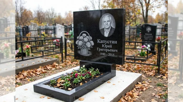 Памятник с гравировкой хризантем — выполненная работа «Капустин» в Липецке