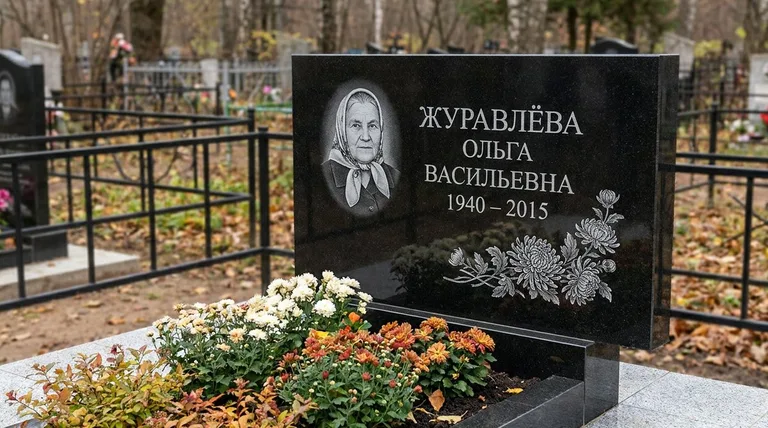 Памятник с гравировкой хризантем — выполненная работа «Журавлёва» в Липецке