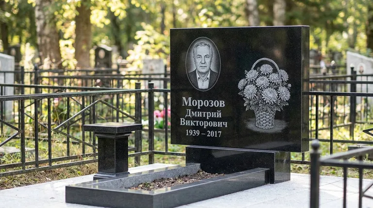 Памятник с гравировкой хризантем — выполненная работа «Морозов» в Липецке