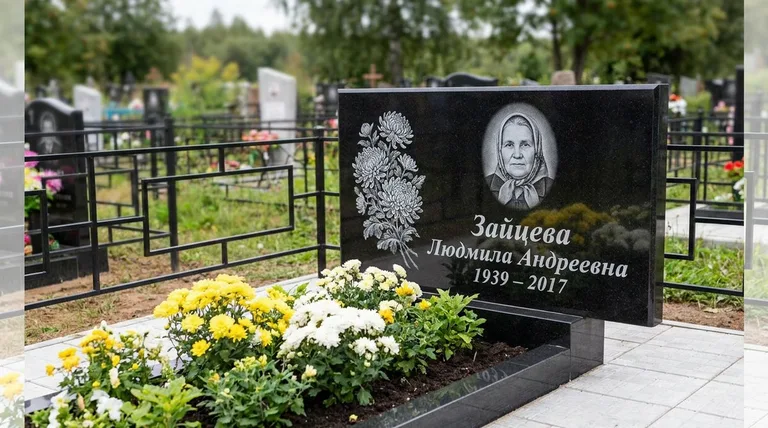 Памятник с гравировкой хризантем — выполненная работа «Зайцева» в Липецке