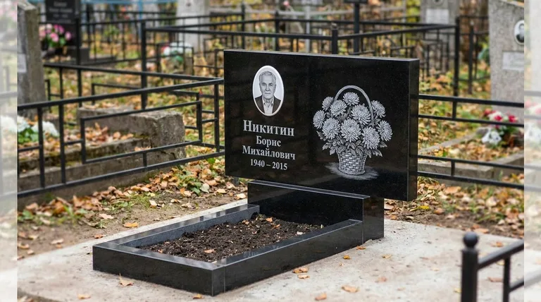 Памятник с гравировкой хризантем — выполненная работа «Никитин» в Липецке