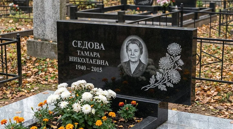 Памятник с гравировкой хризантем — выполненная работа «Седова» в Липецке