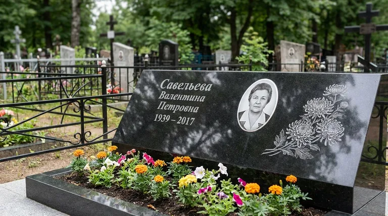 Памятник с гравировкой хризантем — выполненная работа «Савельева» в Липецке
