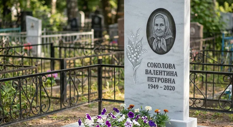 Памятник с гравировкой ландышей — выполненная работа «Соколова» в Липецке