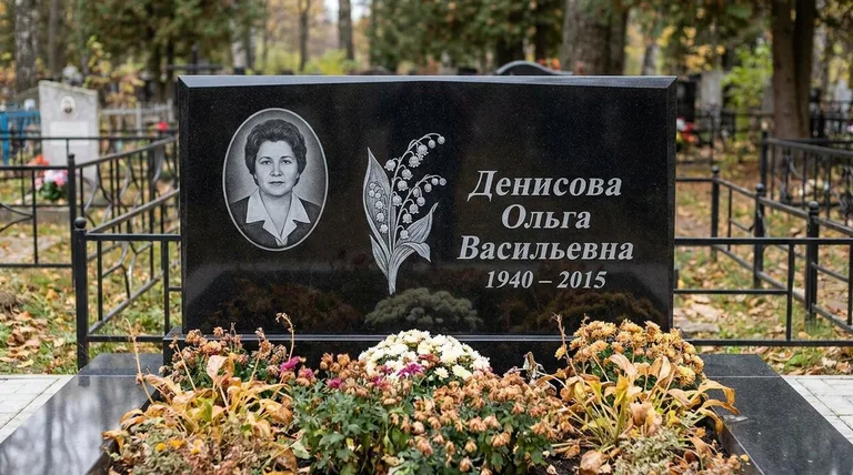 Памятник с гравировкой ландышей — выполненная работа «Денисова» в Липецке