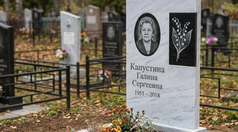 Памятник с гравировкой ландышей — выполненная работа «Капустина» в Липецке