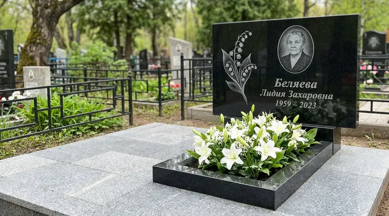 Памятник с гравировкой ландышей — выполненная работа «Беляева» в Липецке