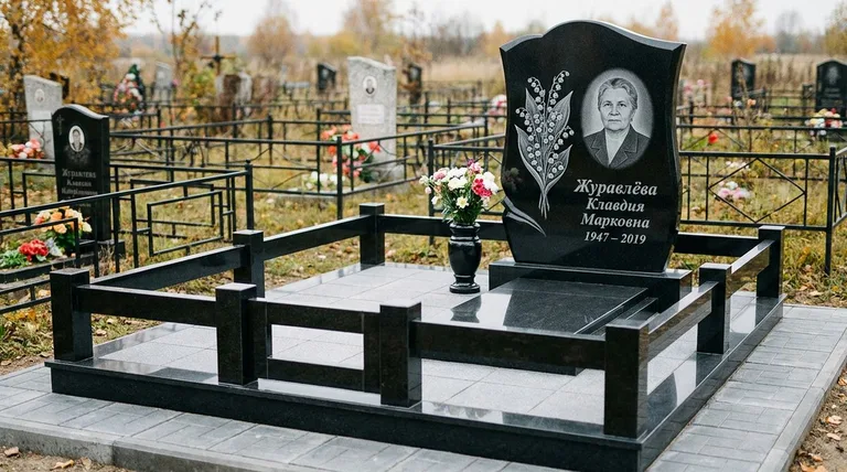 Памятник с гравировкой ландышей — выполненная работа «Журавлёва» в Липецке