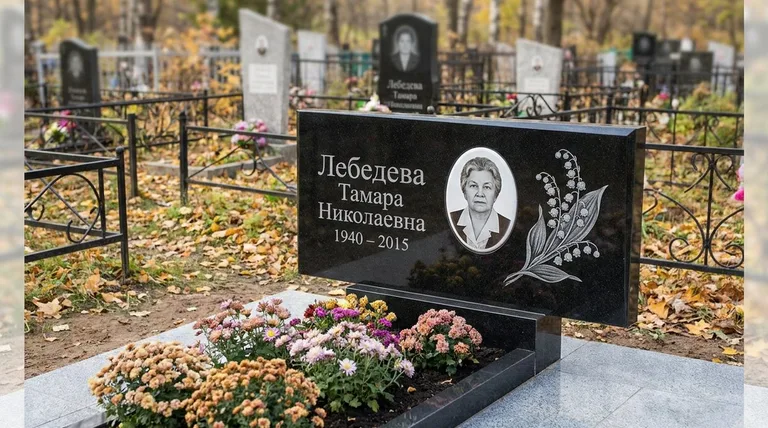 Памятник с гравировкой ландышей — выполненная работа «Лебедева» в Липецке
