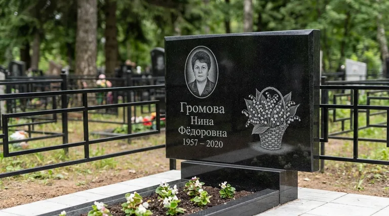 Памятник с гравировкой ландышей — выполненная работа «Громова» в Липецке