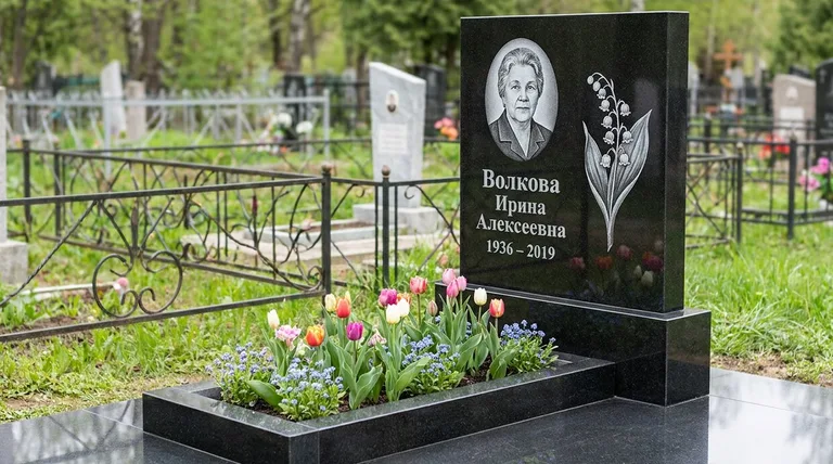 Памятник с гравировкой ландышей — выполненная работа «Волкова» в Липецке