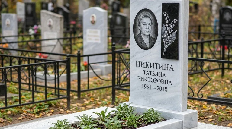 Памятник с гравировкой ландышей — выполненная работа «Никитина» в Липецке