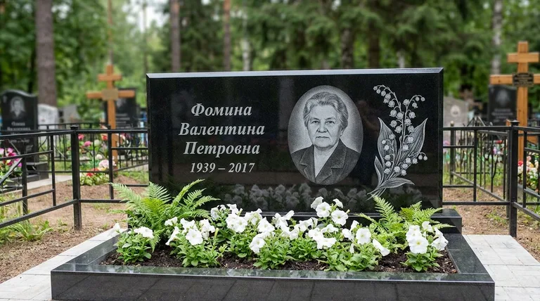 Памятник с гравировкой ландышей — выполненная работа «Фомина» в Липецке
