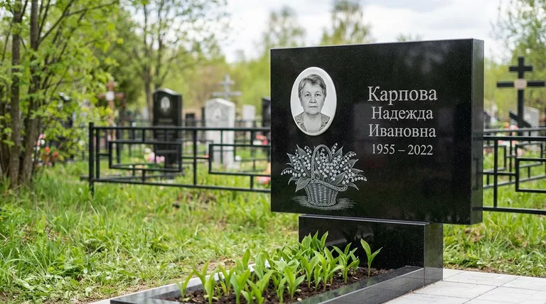 Памятник с гравировкой ландышей — выполненная работа «Карпова» в Липецке