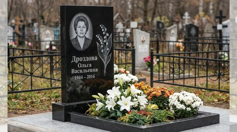 Памятник с гравировкой ландышей — выполненная работа «Дроздова» в Липецке