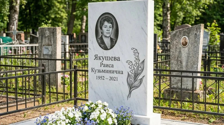 Памятник с гравировкой ландышей — выполненная работа «Якушева» в Липецке