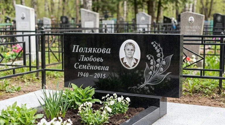 Памятник с гравировкой ландышей — выполненная работа «Полякова» в Липецке