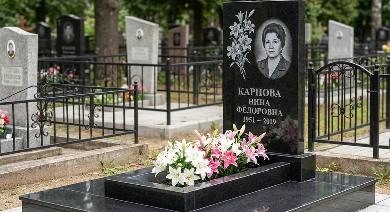 Памятник с гравировкой лилий — выполненная работа «Карпова» в Липецке