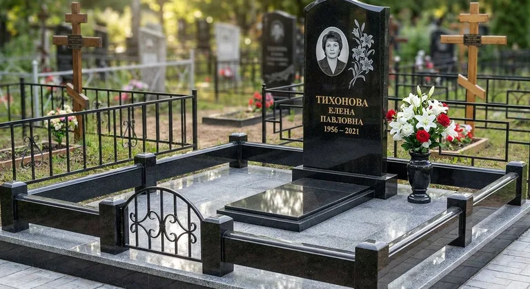 Памятник с гравировкой лилий — выполненная работа «Тихонова» в Липецке