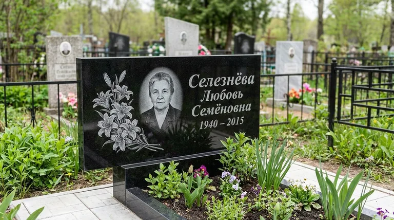 Памятник с гравировкой лилий — выполненная работа «Селезнёва» в Липецке