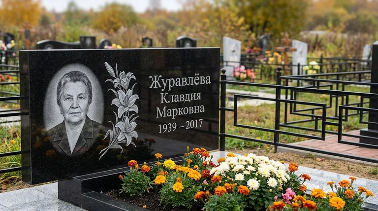 Памятник с гравировкой лилий — выполненная работа «Журавлёва» в Липецке