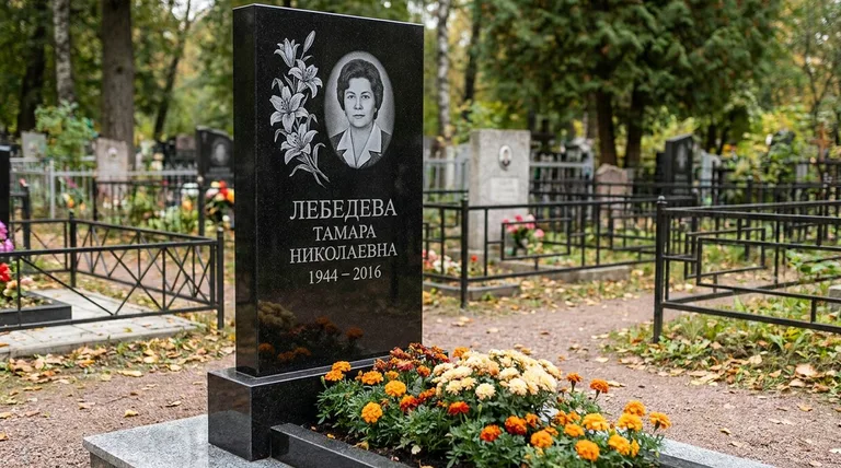 Памятник с гравировкой лилий — выполненная работа «Лебедева» в Липецке