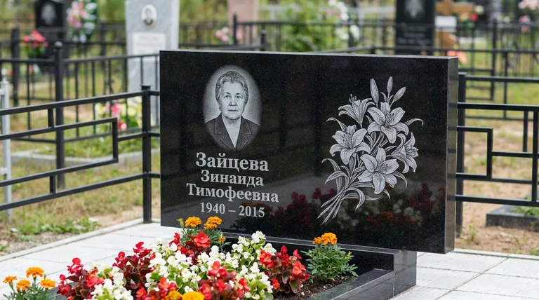 Памятник с гравировкой лилий — выполненная работа «Зайцева» в Липецке