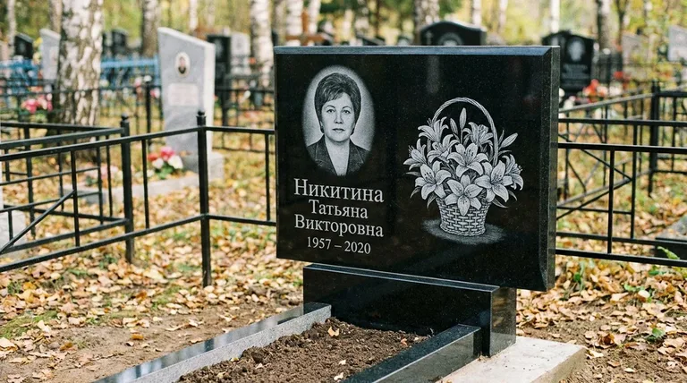 Памятник с гравировкой лилий — выполненная работа «Никитина» в Липецке