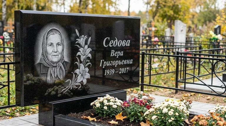 Памятник с гравировкой лилий — выполненная работа «Седова» в Липецке