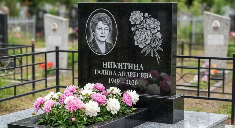 Памятник с гравировкой пионов — выполненная работа «Никитина» в Липецке
