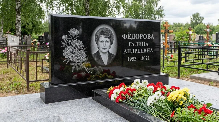 Памятник с гравировкой пионов — выполненная работа «Фёдорова» в Липецке