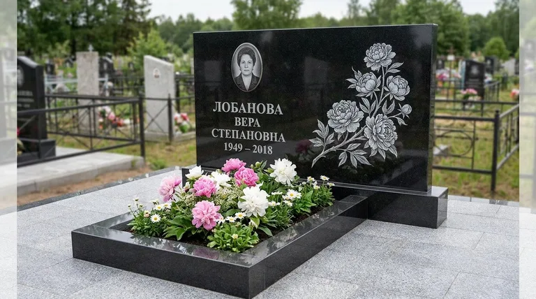 Памятник с гравировкой пионов — выполненная работа «Лобанова» в Липецке