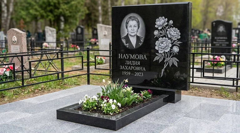 Памятник с гравировкой пионов — выполненная работа «Наумова» в Липецке