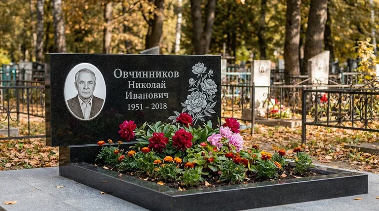 Памятник с гравировкой пионов — выполненная работа «Овчинников» в Липецке
