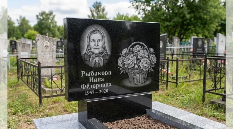 Памятник с гравировкой пионов — выполненная работа «Рыбакова» в Липецке
