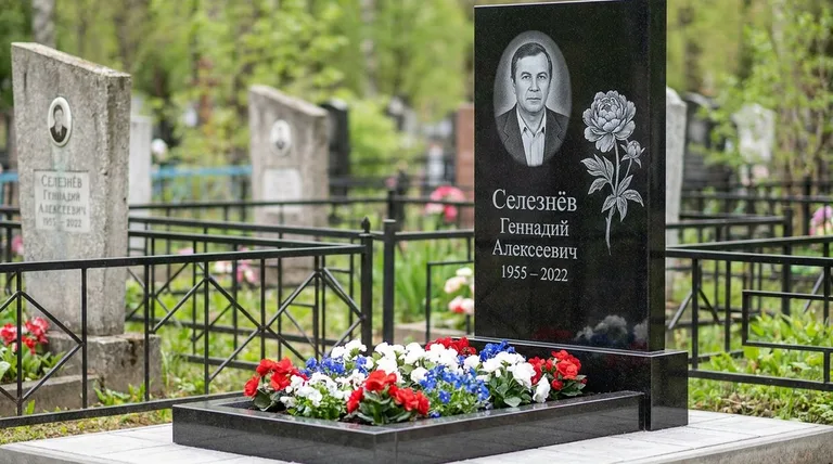 Памятник с гравировкой пионов — выполненная работа «Селезнёв» в Липецке