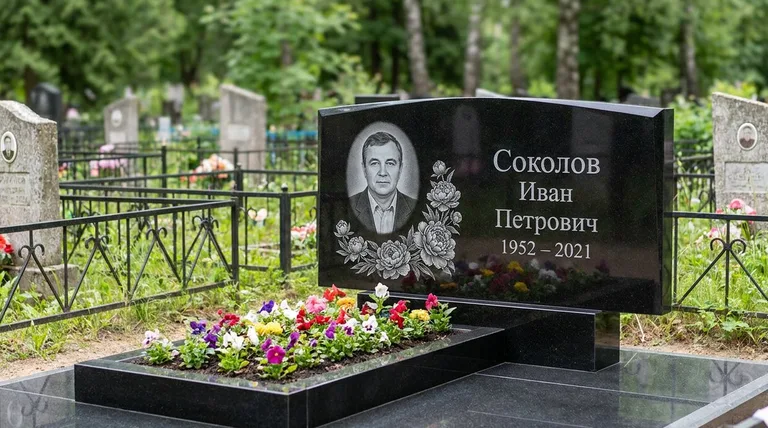 Памятник с гравировкой пионов — выполненная работа «Соколов» в Липецке