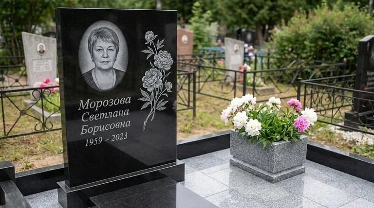Памятник с гравировкой пионов — выполненная работа «Морозова» в Липецке