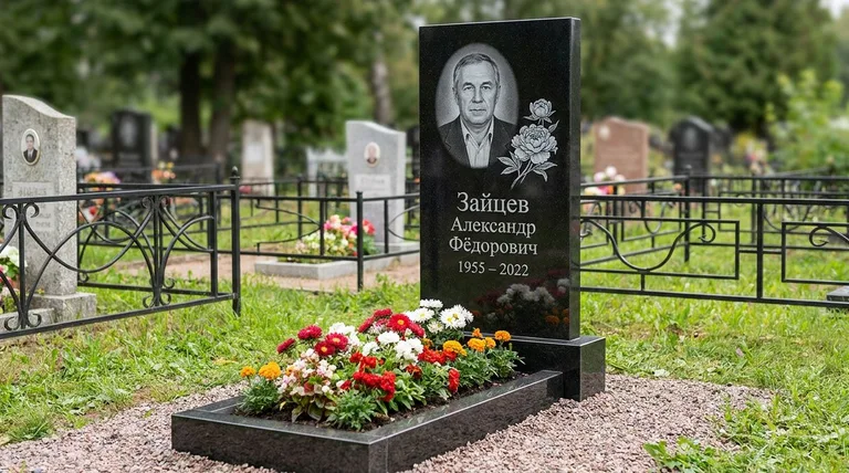 Памятник с гравировкой пионов — выполненная работа «Зайцев» в Липецке