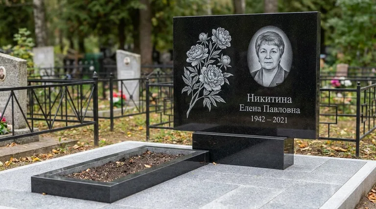 Памятник с гравировкой пионов — выполненная работа «Никитина» в Липецке